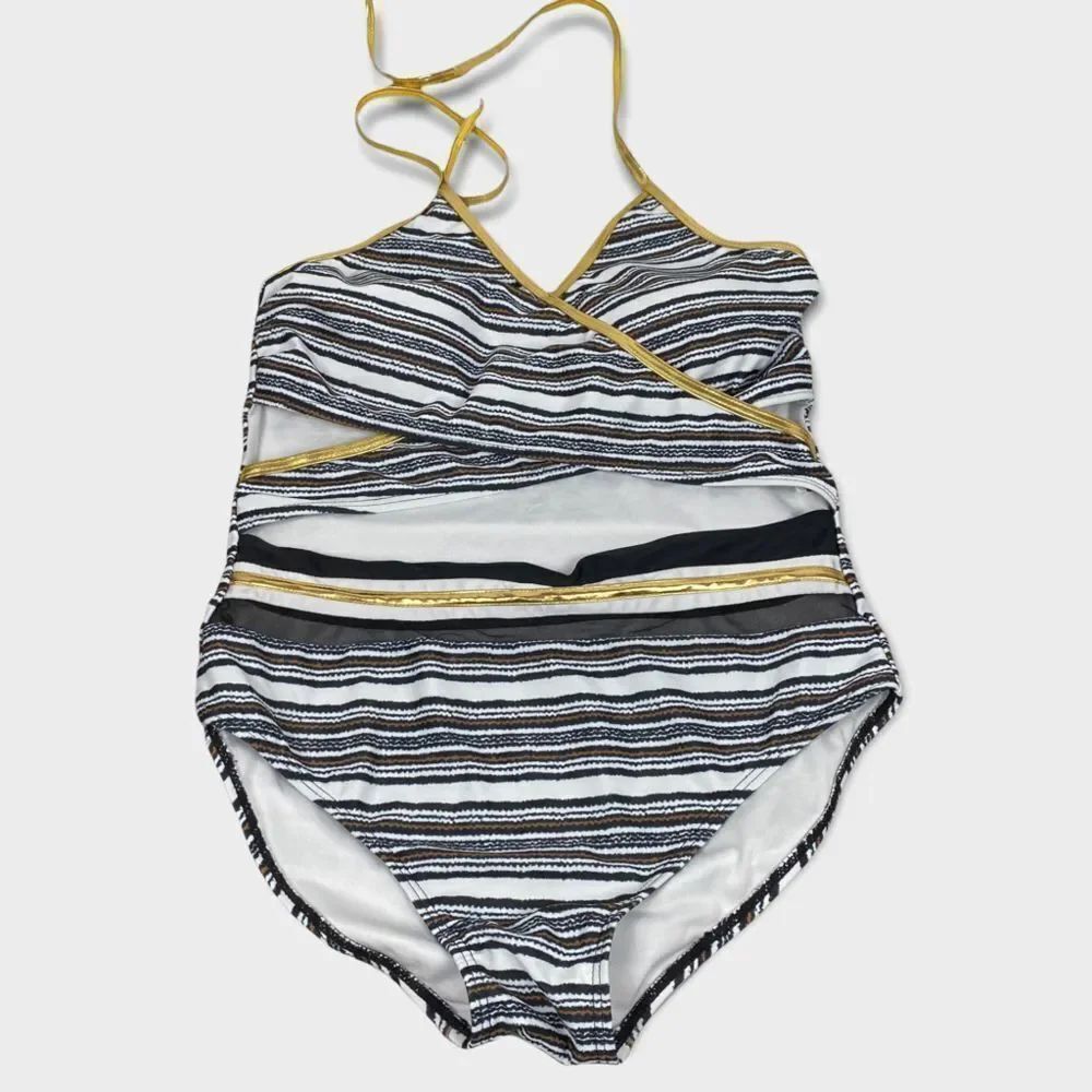 Cut Out Black White Stripe One-Piece Swimsuit